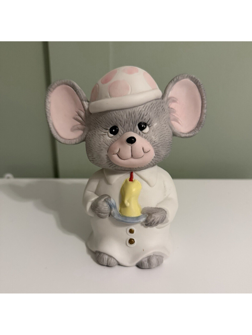 Vintage 1989 Giftco Ceramic Painted Mouse Figurine Gray/White  w/ Polka Dot Hat